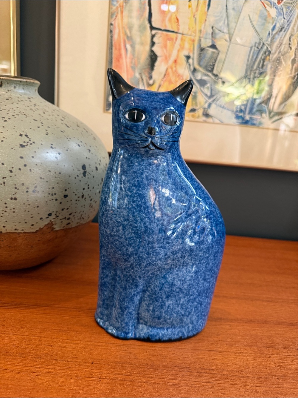 vintage Enesco blue spongeware ceramic cat figurine